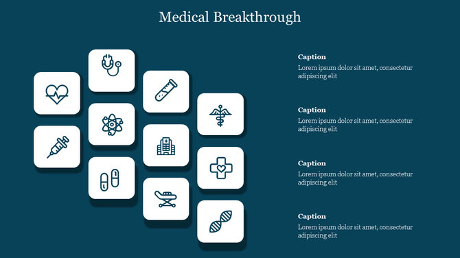 Grid of medical icons including a heart, syringe, test tube, and DNA strand, with captions on the right.