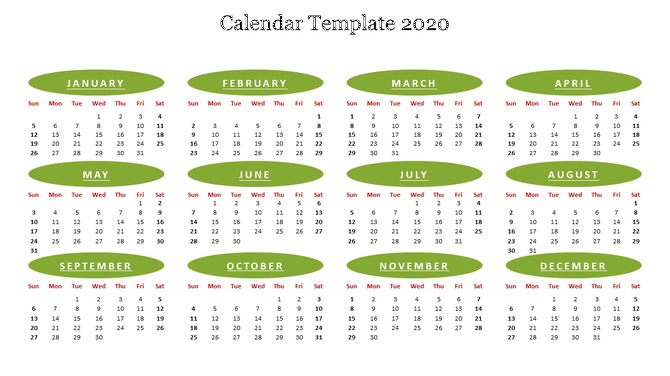 2020 calendar template featuring monthly grids with green headers for each month, and days listed in red.