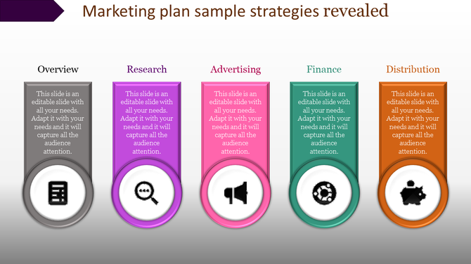Marketing plan strategy slide with colorful sections from Overview to Distribution with icons and placeholder text.