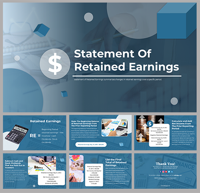 Blue toned slides on the statement of retained earnings with financial icons, step by step calculation sections, and visuals.
