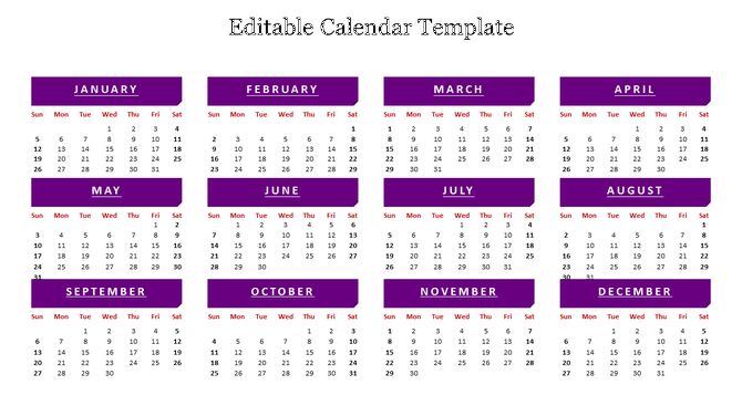 12 month calendar grid with purple headers for each month, arranged in three rows, showing days of the week and dates.
