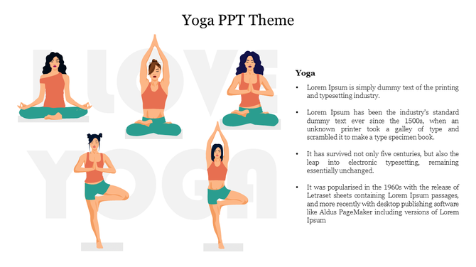 Slide design with yoga themed illustrations of women in different poses, with text next to the images.