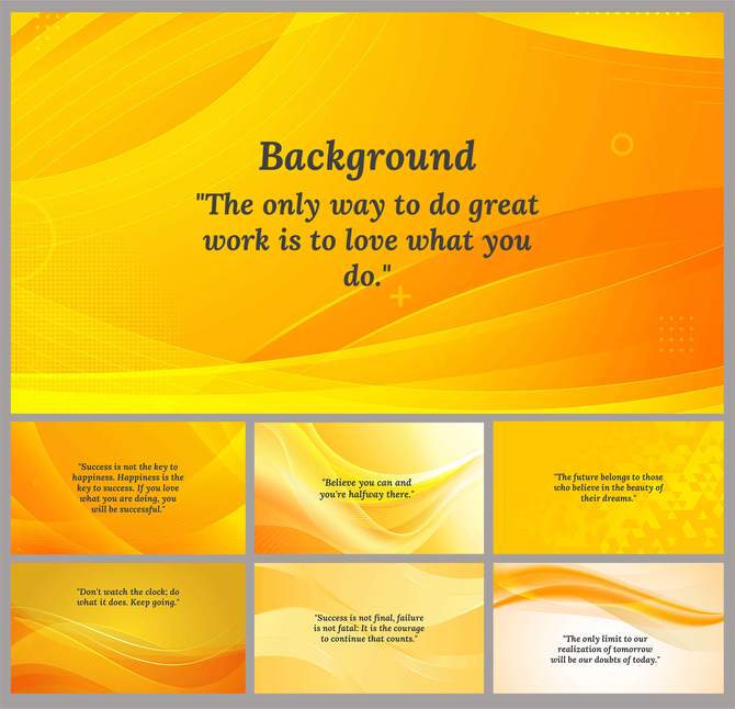 A pack of yellow themed background slides featuring inspirational quotes, designed with flowing lines and abstract shapes.