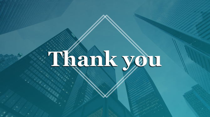 Thank you slide with a diamond frame at center with a phrase Thank you over a teal colored corporate background.