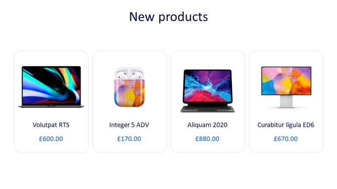 New products showcase featuring four electronic devices with displays, including laptops, earbuds, and monitors priced.