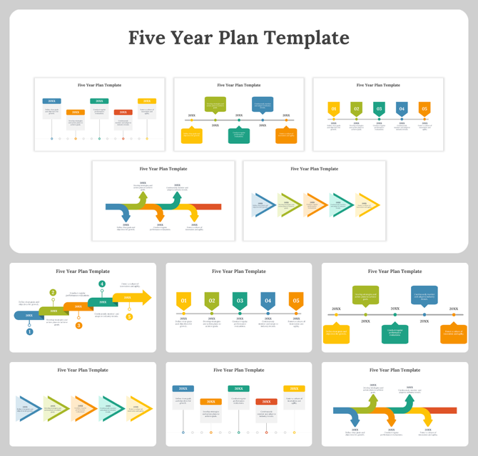 Colorful grid layouts of various slides of five year plans featuring colorful timelines, arrows, and milestones.