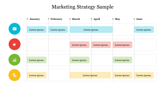 Slide showing a monthly marketing plan matrix with colored rows, icons for category types, and lorem text in each cell.