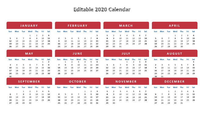 2020 calendar with red month headers and blue accents, arranged in a grid style structured layout.