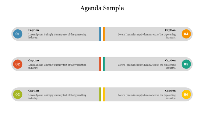 Agenda slide with three horizontal rows, each split into two rounded boxes with numbered circles and caption text.