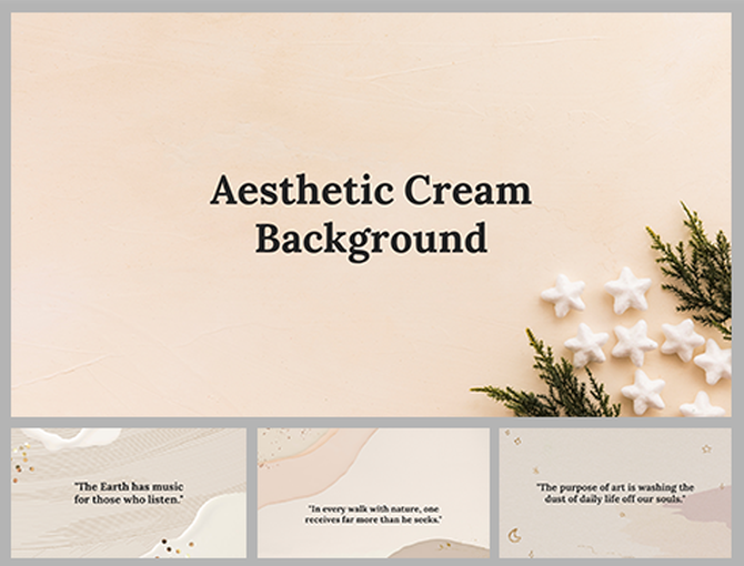 A pack of minimalist aesthetic cream background slides with decorative elements and quotes in the center.