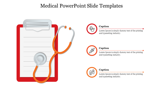 Medical slide with clipboard and stethoscope illustration on the left, and three circular icons with captions on the right.