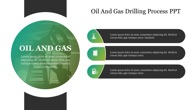 Oil and gas drilling process slide featuring a circular design with key topics highlighted with icons and placeholder text.