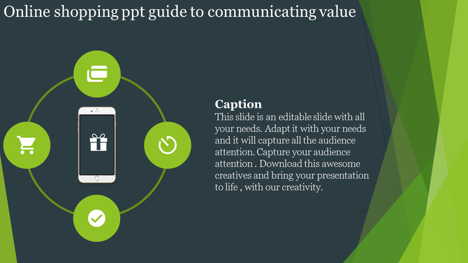 Online shopping showing a phone with a gift box icon, connected to four green icons cart, wallet, refresh, and checkmark.