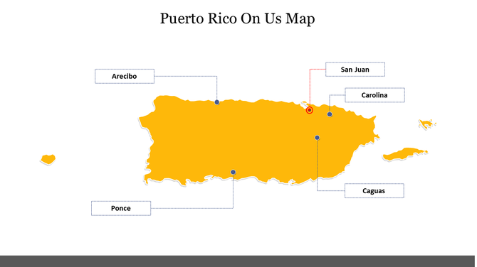Yellow map of Puerto Rico with five labeled points in blue and red, connected by lines to labels for major cities.