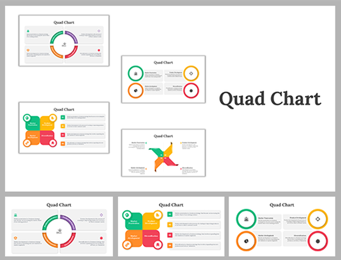 Collage of six quad chart designs featuring circular and square layouts with colorful icons and placeholder text area.