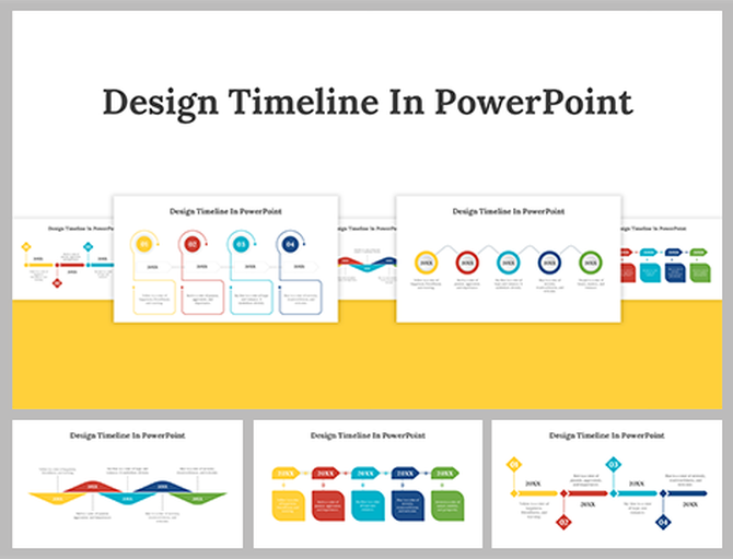 Design timeline slide with different timeline styles, using vibrant colors and icons for each yearly step.