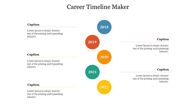 Career timeline template featuring years 2018 to 2022, with colorful circles and captions alongside each year.
