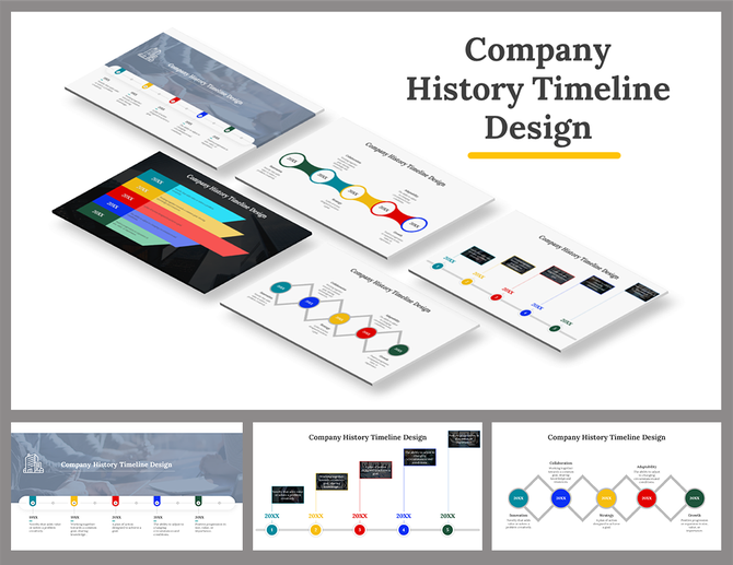 Collection of company history timeline slides with colorful arrows, circles, and milestone icons, shown in 3D perspectives.