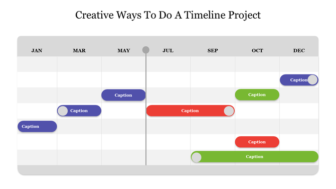 Yearly project timeline showing multicolored task bars across months, with progress indicators and caption labels.