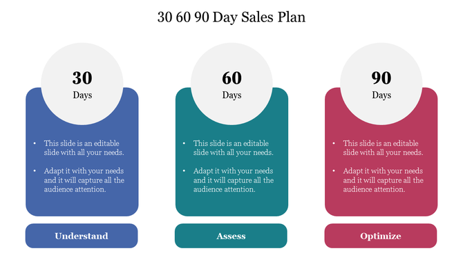 Visual layout of a 30 60 90 day plan with circular headers and colored columns labeled Understand, Assess, and Optimize.