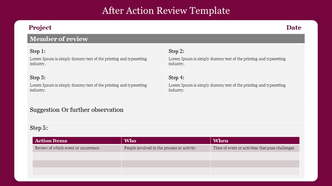 After action review template with a pink header, gray table layout, and placeholders for text in each step section.