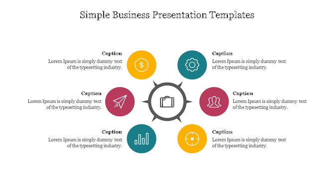 Business-themed infographic with icons for finance, teamwork, strategy, and goals arranged around a briefcase.