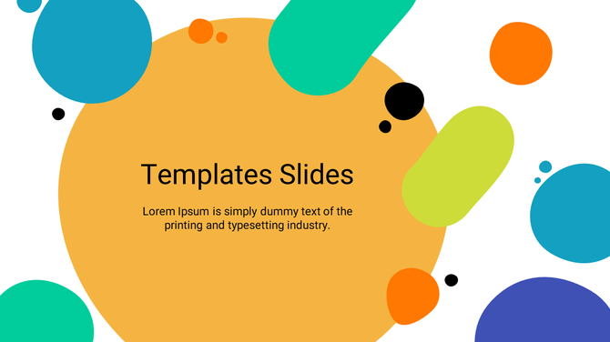 Slide design featuring overlapping geometric shapes in orange, green, blue, and black on a yellow circular text section.