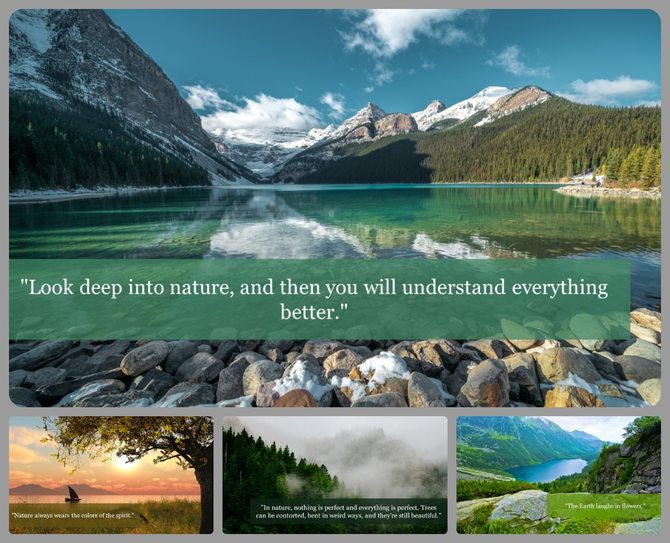 Collage of nature scenes, including a serene lake, sunset with a tree and boat, misty forest, and a lush valley, with quotes.