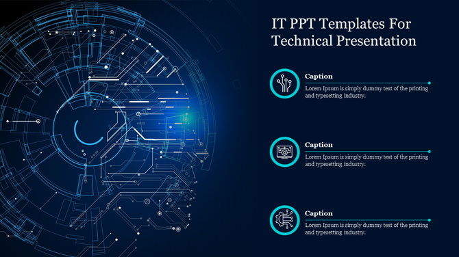 Abstract IT-themed slide with a blue circuit board pattern and space for three captions with technical icons on the right.