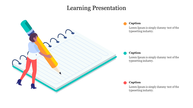 Learning-themed illustration with a person writing on a spiral notebook, alongside three colorful caption sections.
