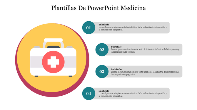 Plantillas De PowerPoint Medicina featuring a first aid kit icon and sections for text placeholders.
