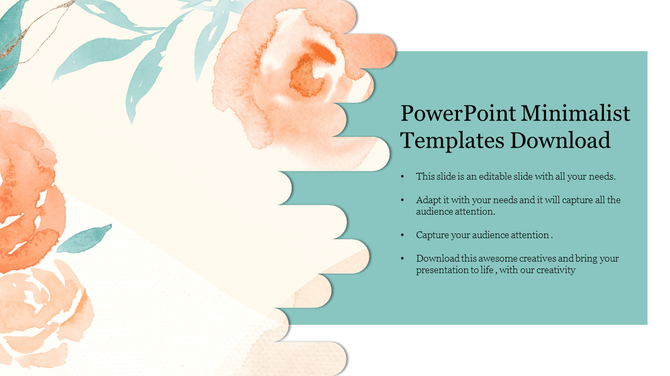 PowerPoint template with a modern minimalist design and floral elements with placeholder text on a green theme.