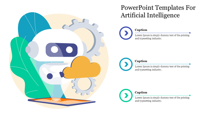 AI themed slide with an illustrated robot holding a cloud icon and gears in the background, featuring three text captions.