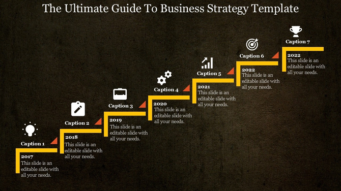 Business strategy timeline with yellow staircase, milestone icons like lightbulb, gears, and trophy, spanning 2017-2023.