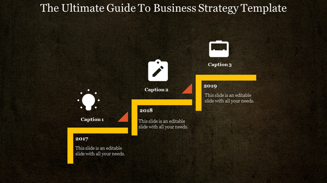 A business strategy slide showing a timeline with years 2017, 2018, and 2019, with icons for ideas, planning, and execution.