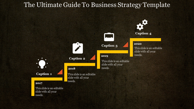Business strategy template with yellow steps, icons like lightbulb, pencil, briefcase, and gears marking years 2017-2020.
