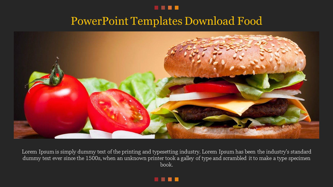Dark themed food template featuring a stacked cheeseburger and vegetables with vibrant colors and centered text layout.