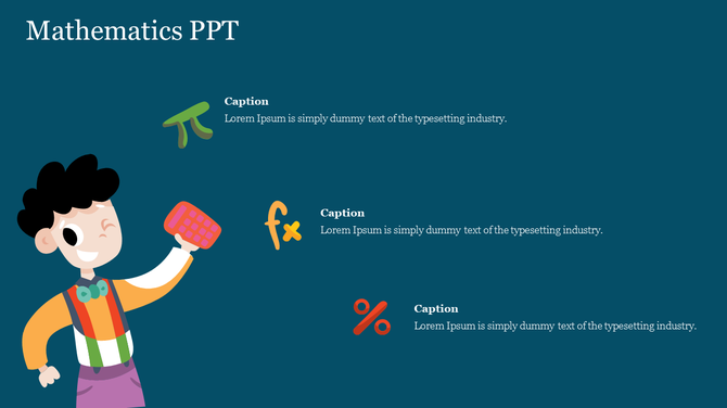 Mathematics PowerPoint slide with a cheerful cartoon character holding a calculator, alongside math symbols with captions.