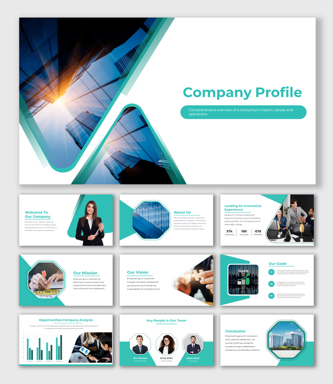 A pack of company profile slides featuring a modern design covering various related topics with different layout designs.