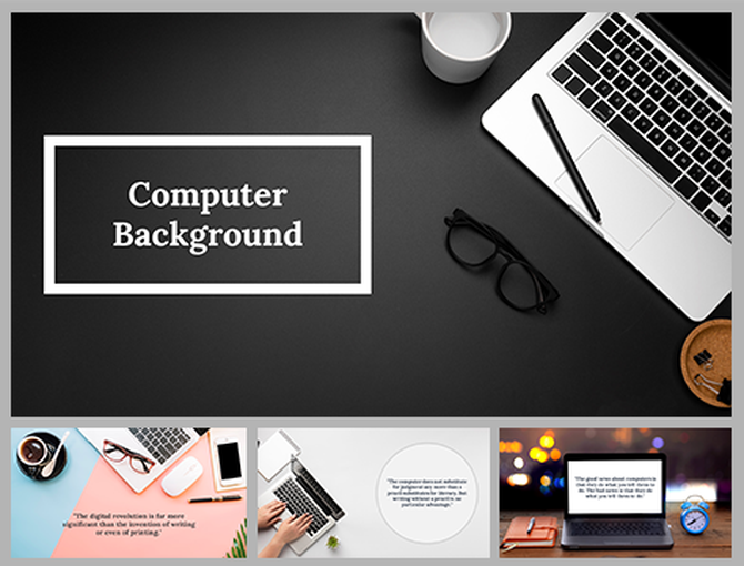 Minimalist slide deck with a laptop and accessories on a dark background featuring computer background.