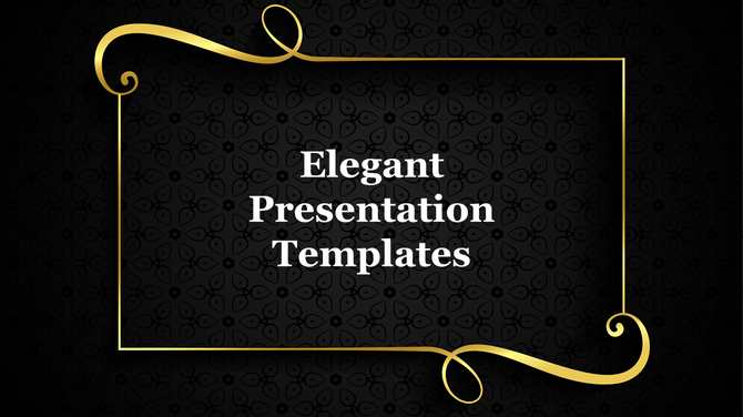 Elegant presentation cover with ornate golden border over black floral pattern background and centered white title text.