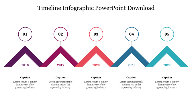 Timeline slide with five numbered steps for 2018 to 2022, each marked with a triangle in red and blue tones and caption.