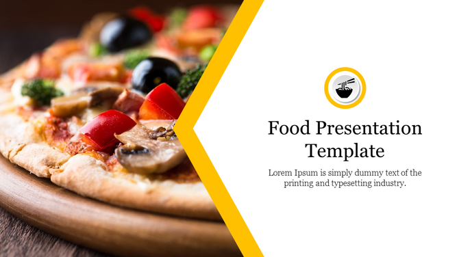 Close up of a delicious pizza with colorful vegetables, displayed alongside a food presentation template.