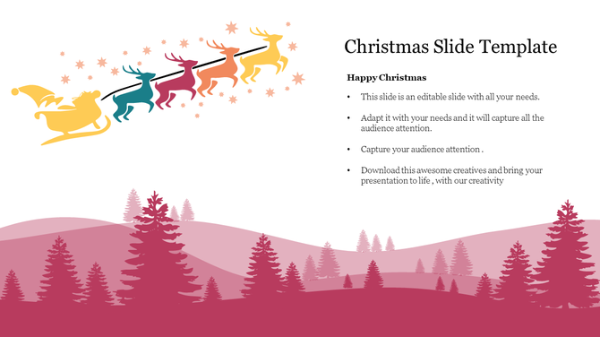 Christmas slide with a colorful sleigh and reindeer flying across a pink gradient landscape, with stars and trees.