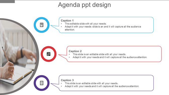 Slide showing agenda design elements with captions in blue, red, and purple boxes, alongside an image of a person writing.
