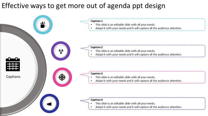 Agenda slide with a circular design on the left and four colored icons connected to caption boxes on the right.