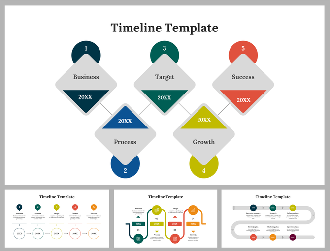 Timeline slide with diamond-shaped steps labeled Business, Process, Target, Growth, and Success connected diagonally.