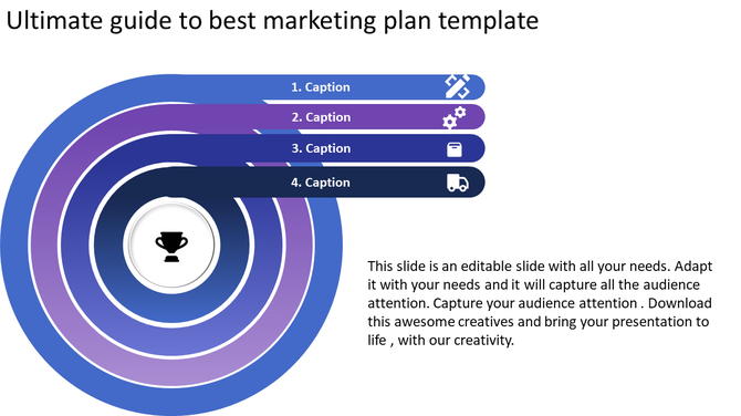 A marketing plan slide with colorful concentric circles representing four steps and icons with placeholder text.