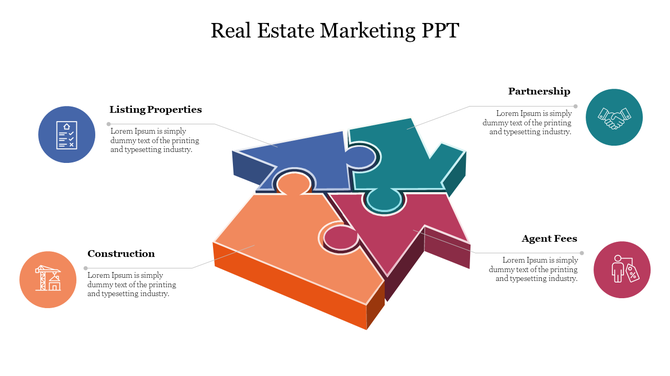Real estate slide with colorful house shaped puzzle pieces in blue, red, orange, and purple arranged on a white background.