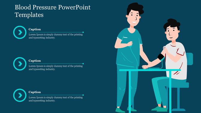illustration of a doctor and patient during a blood pressure check, with three captions and icons, on a teal background.
